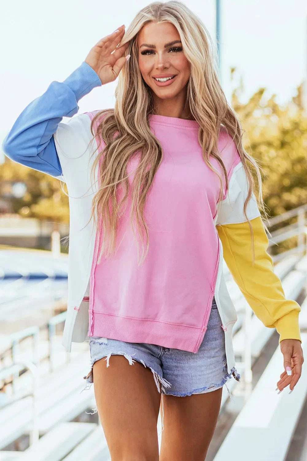 Slit Contrast Round Neck Long Sleeve Sweatshirt - Trendsi - Flyclothing LLC