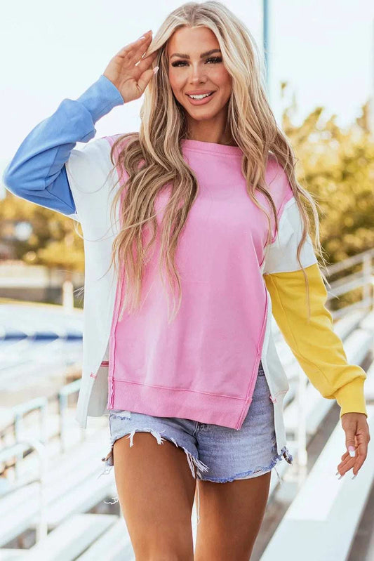 Slit Contrast Round Neck Long Sleeve Sweatshirt - Trendsi - Flyclothing LLC