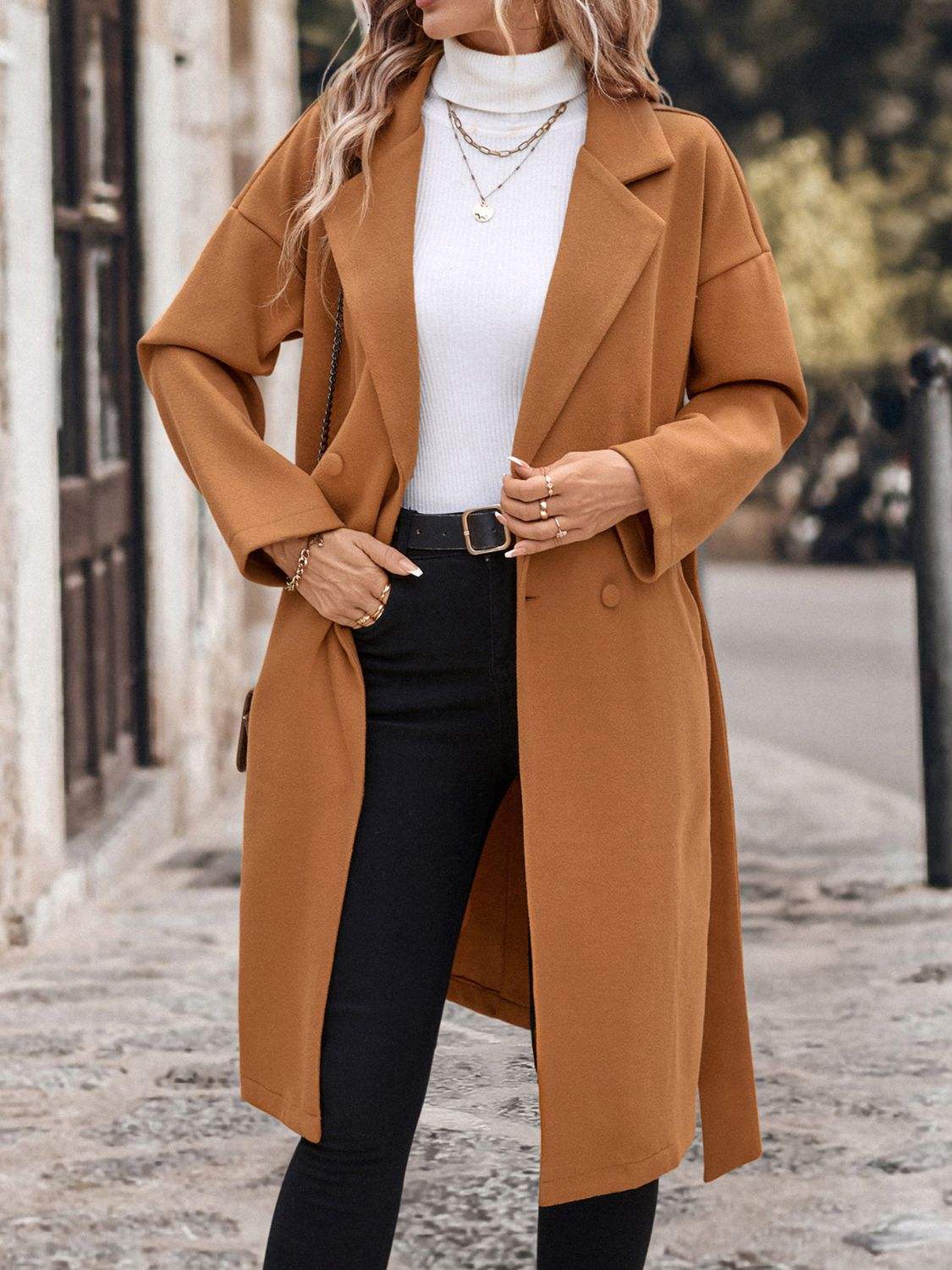 Perfee Dropped Shoulder Tie Waist Coat - Trendsi - Flyclothing LLC
