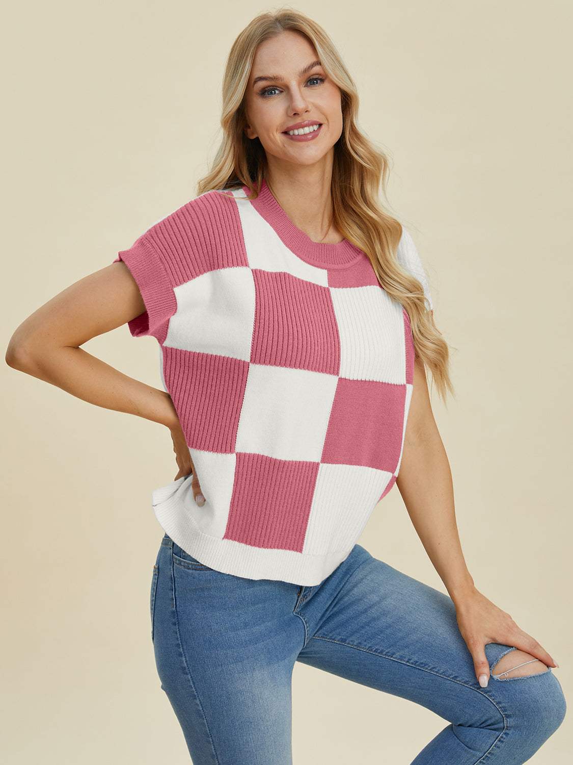 Double Take Full Size Checkered Round Neck Short Sleeve Sweater - Trendsi - Flyclothing LLC