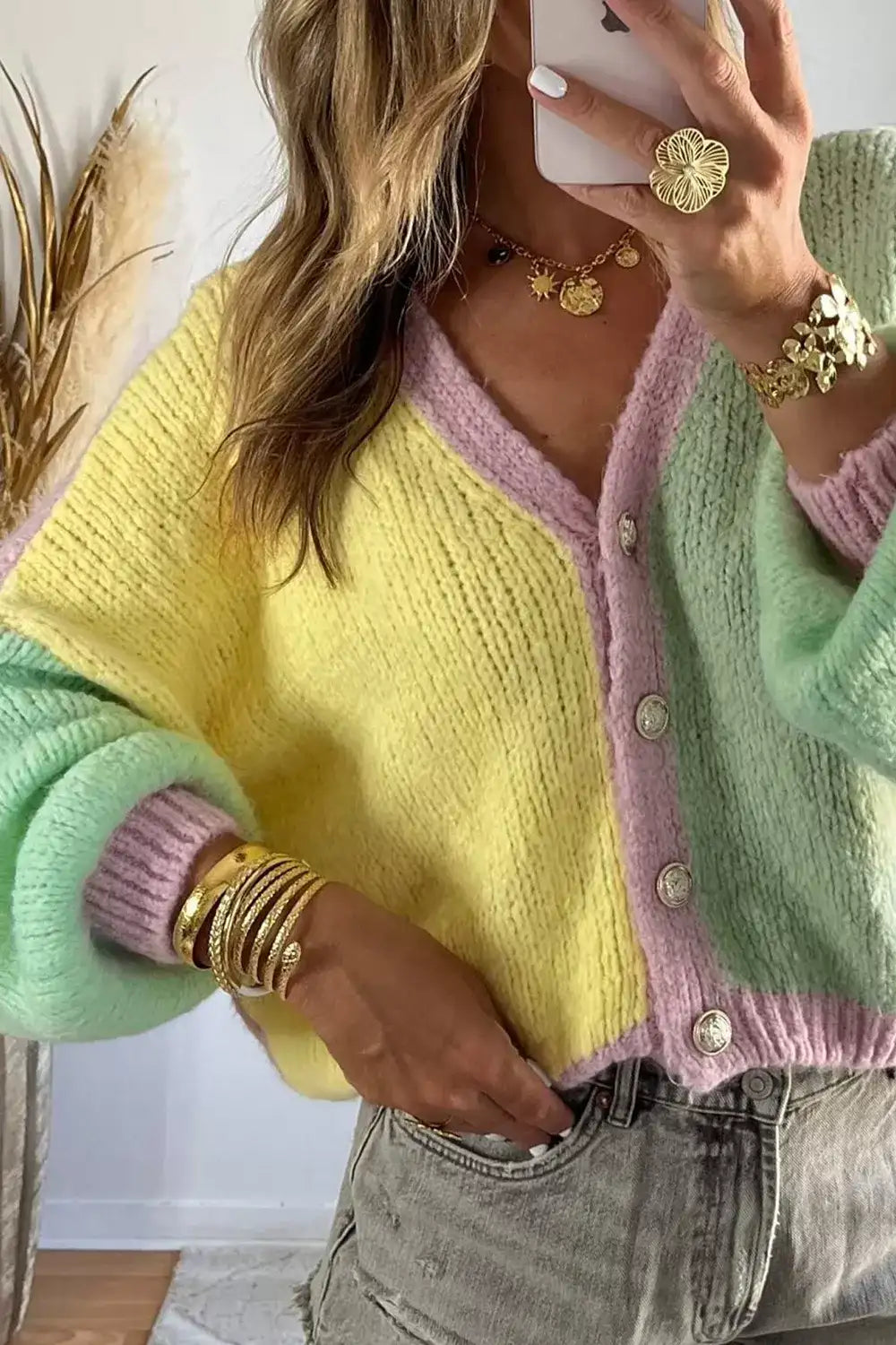 V Neck Drop Shoulder Patchwork Regular Wash Knitwear Cardigan - Trendsi - Flyclothing LLC