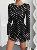 Backless Polka dot Long Sleeve Mini Mesh Dress - Trendsi
