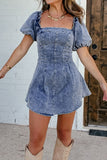 Tie Back Square Neck Puff Sleeve Denim Dress - Trendsi