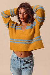 SO ME Fuzzy Hairy Stripe Deep U Neck Swetaer - Trendsi - Flyclothing LLC