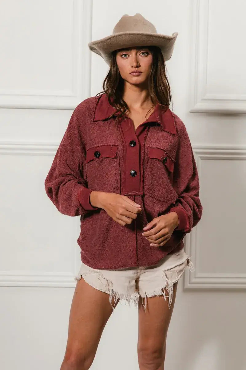 BiBi Cp French Terry Cut Edge Detail Collared Top - Trendsi - Flyclothing LLC