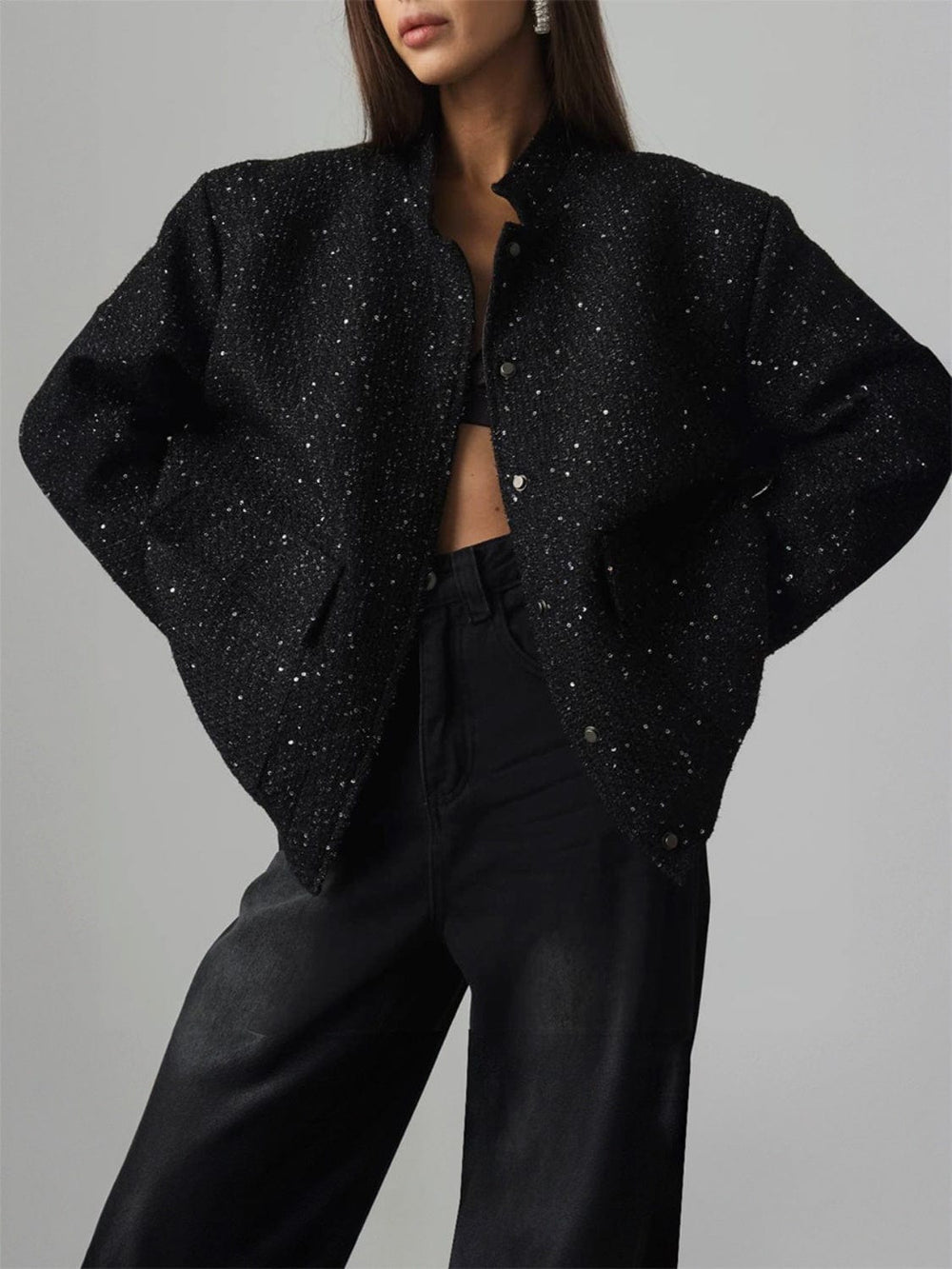 Sequin Detail Pocketed Long Sleeve Jacket - Trendsi