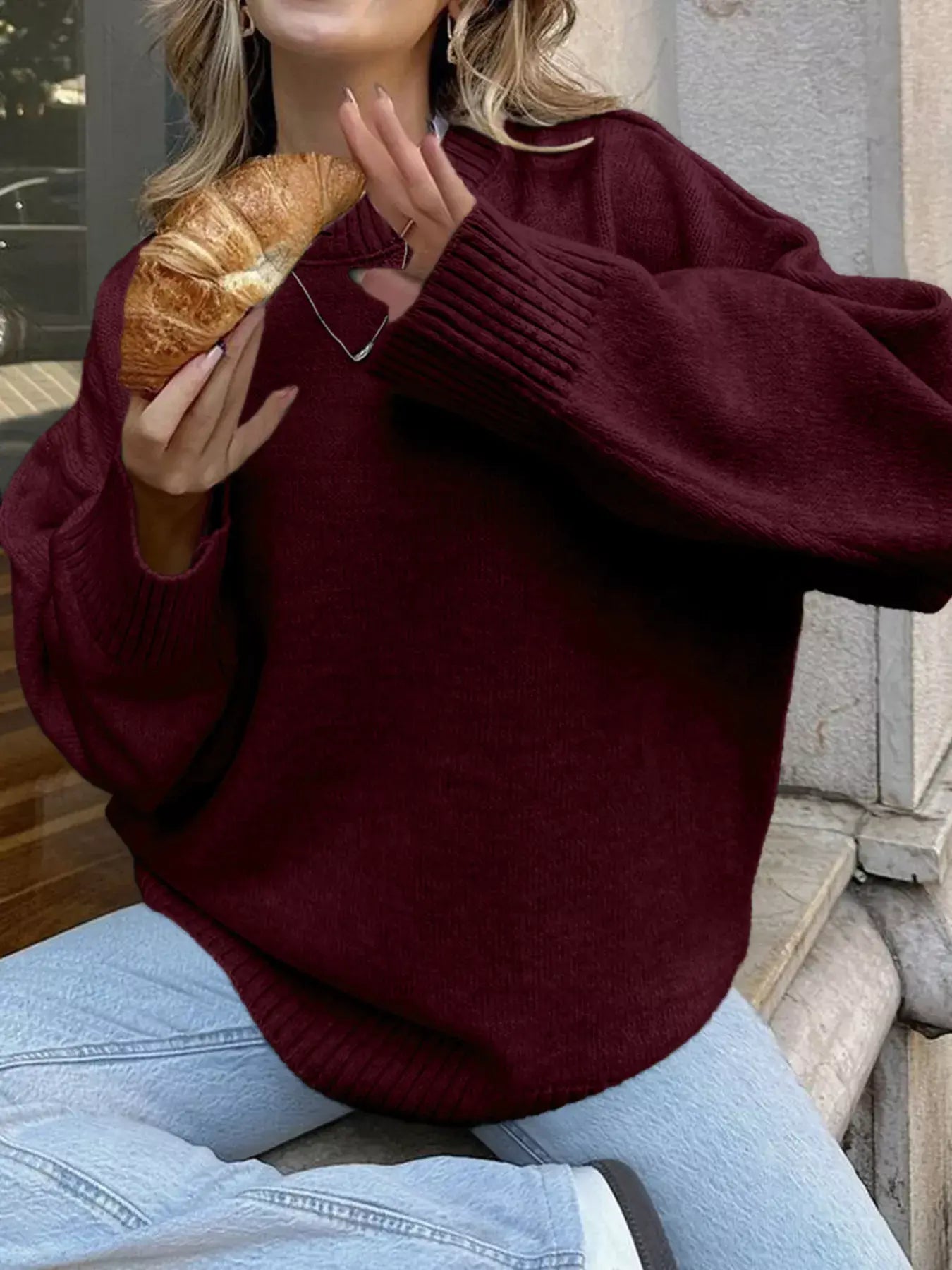 Ribbed Round Neck Dropped Shoulder Sweater - Trendsi - Flyclothing LLC