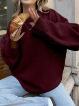 Ribbed Round Neck Dropped Shoulder Sweater - Trendsi - Flyclothing LLC
