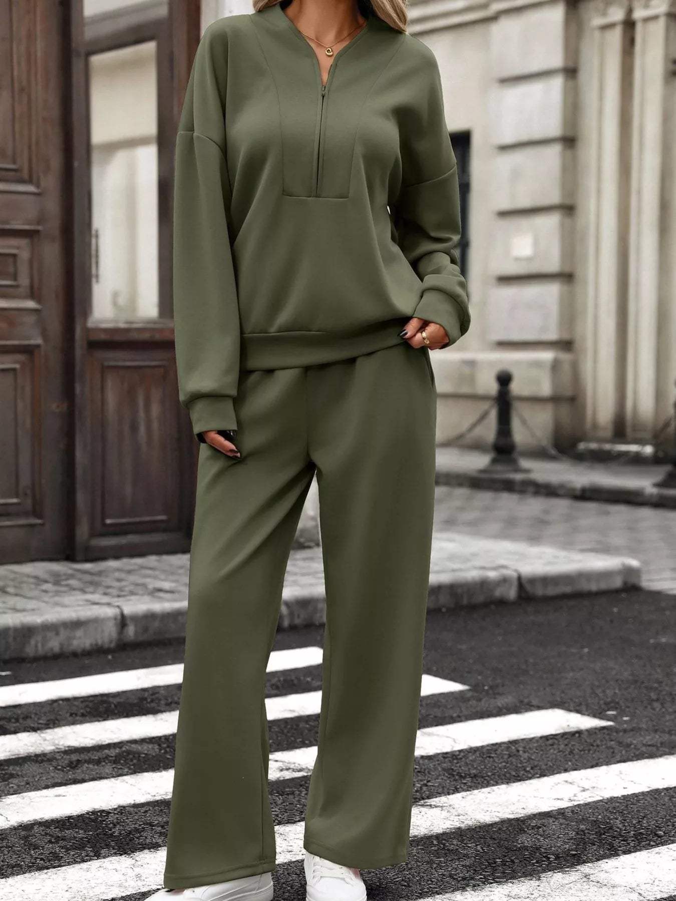 Half Zip Sweatshirt and Wide-Leg Pants Set - Trendsi - Flyclothing LLC