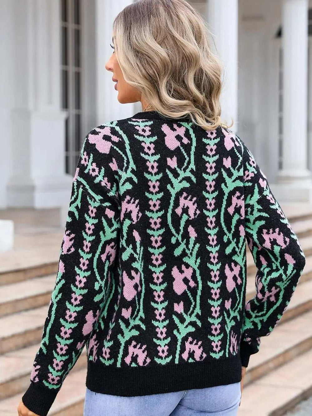 Flower Round Neck Long Sleeve Sweater - Trendsi - Flyclothing LLC