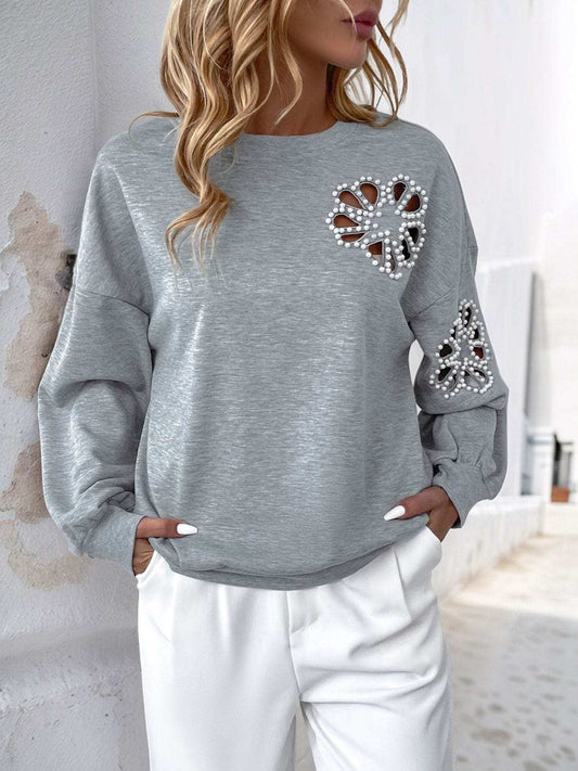 Perfee Cutout Pearl Round Neck Long Sleeve Sweatshirt - Trendsi - Flyclothing LLC