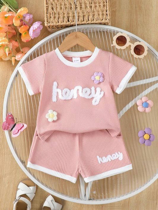 Children's Honey Flower Waffle Knit Tee and Shorts Set - Trendsi - Flyclothing LLC