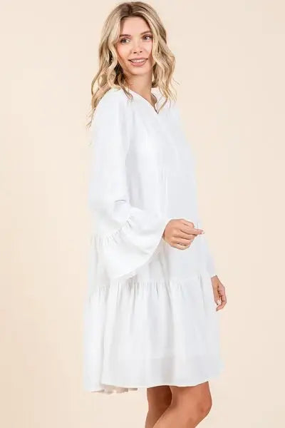 Mittoshop Tiered Notched Flare Sleeve Dress - Trendsi - Flyclothing LLC