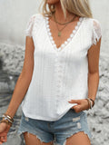 Eyelet Lace Detail V-Neck Cap Sleeve Top - Trendsi