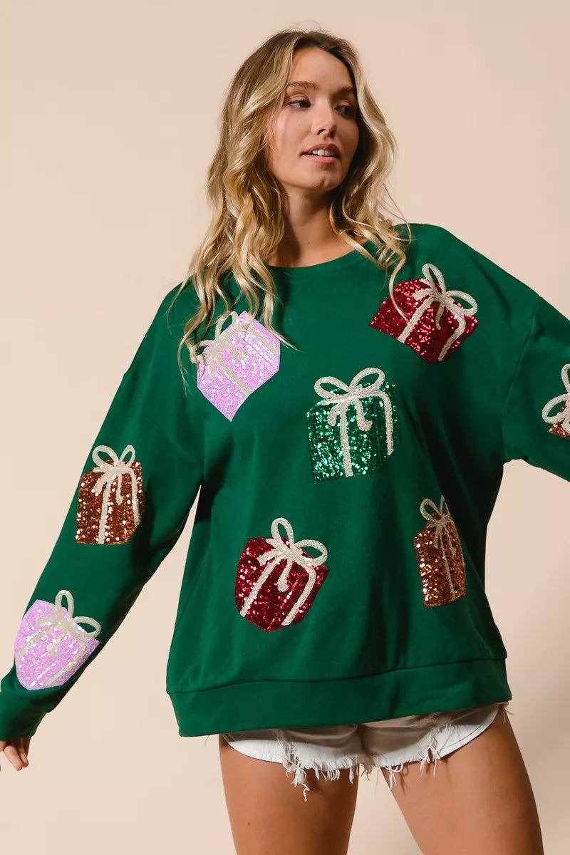BiBi Sequin Christmas Gift Box Embroideries Pullover - Trendsi - Flyclothing LLC