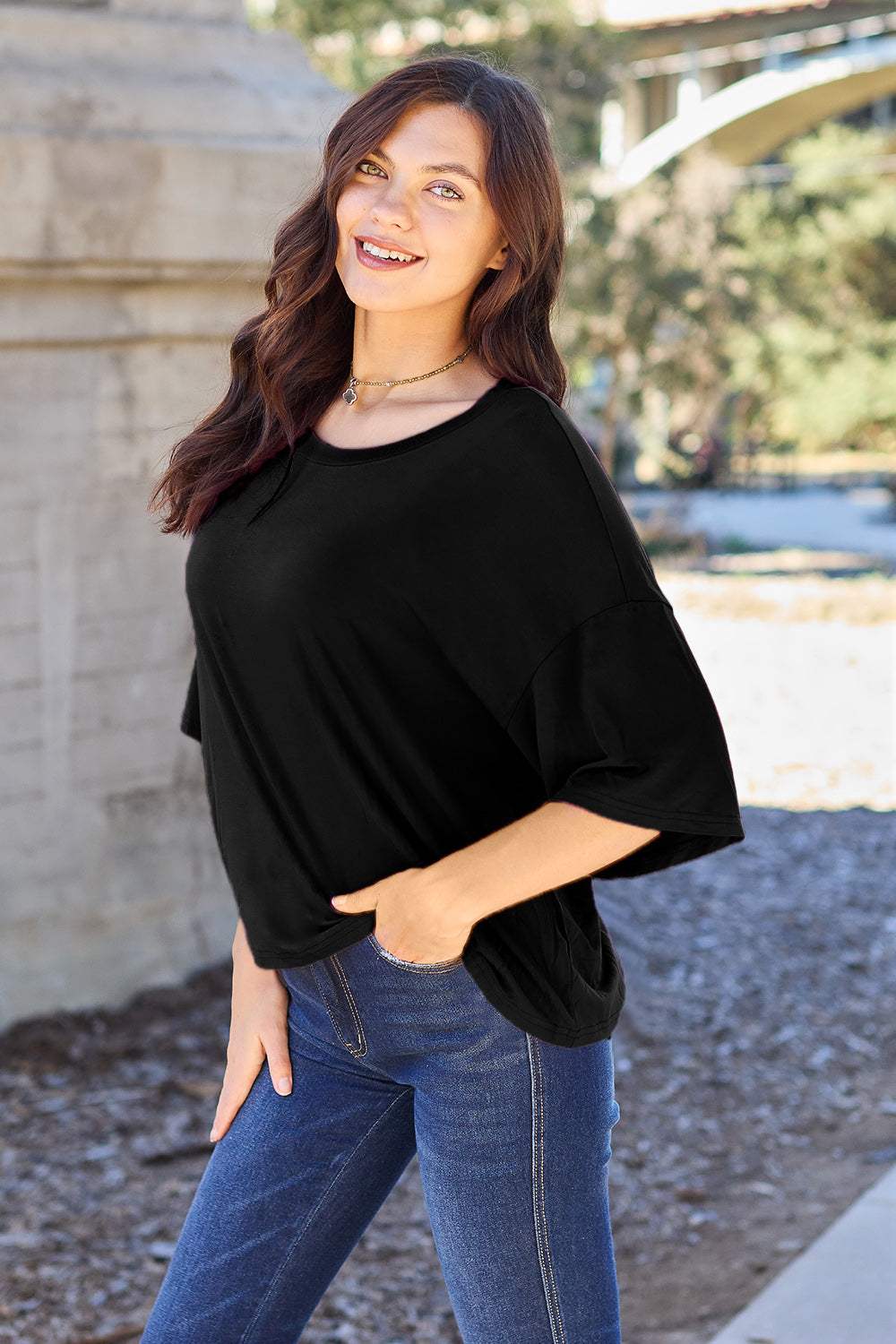 Basic Bae Bamboo Full Size Round Neck Drop Shoulder T-Shirt - Trendsi - Flyclothing LLC