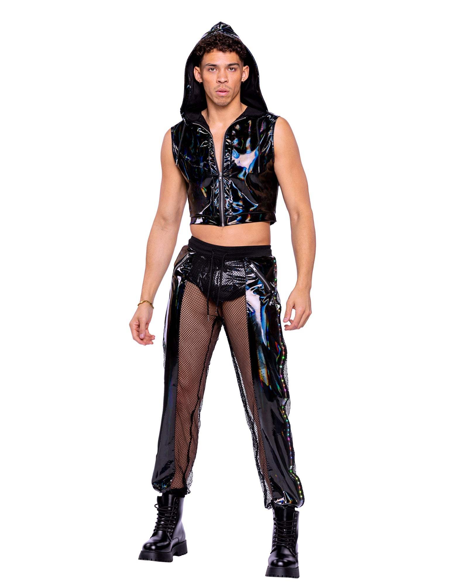 Roma Costume 6510 Vinyl with Iridescent Print Cropped Zip-Up Hooded Sleeveless Jacket - Roma Costume - Flyclothing LLC