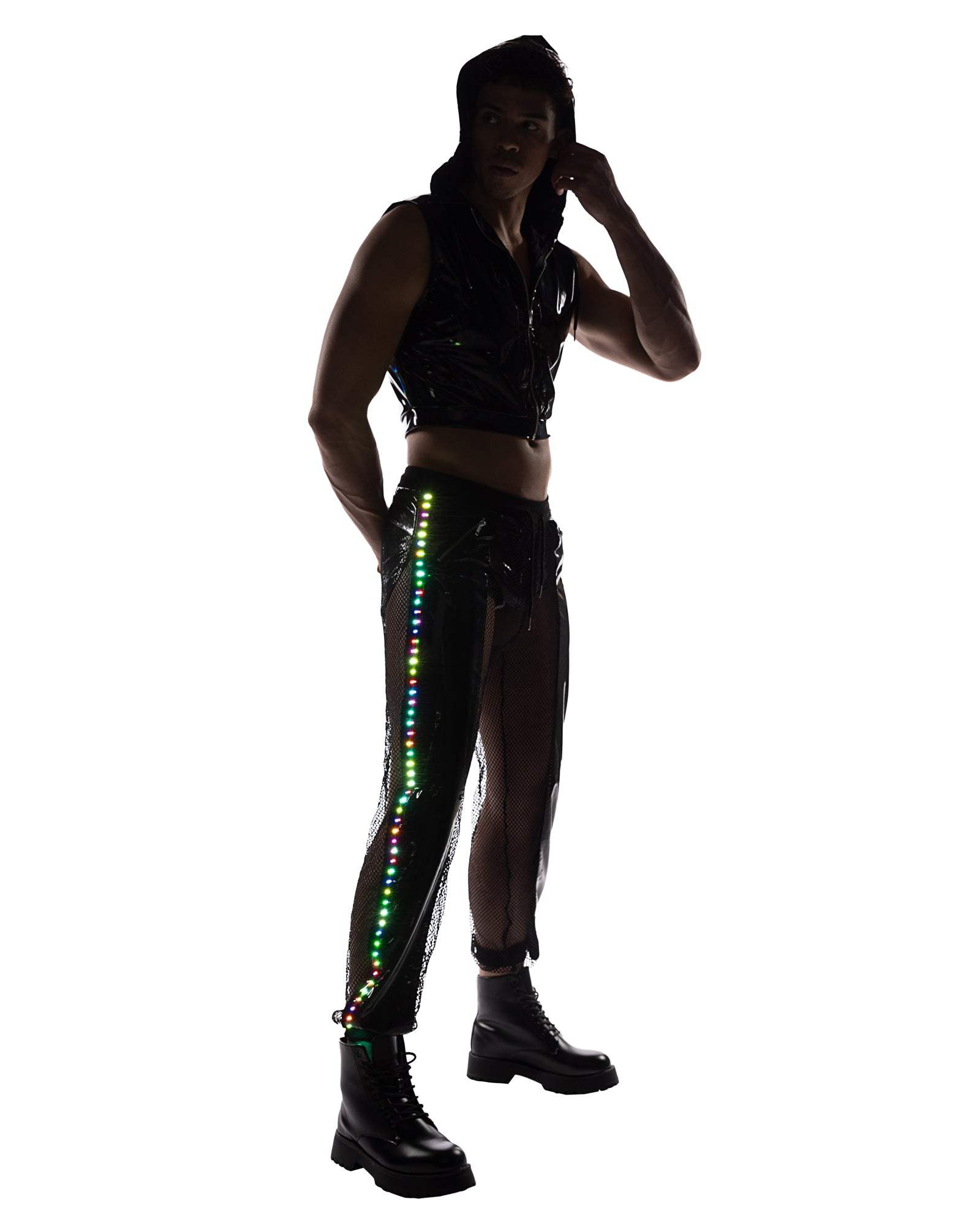 Roma Costume 6510 Vinyl with Iridescent Print Cropped Zip-Up Hooded Sleeveless Jacket - Roma Costume - Flyclothing LLC
