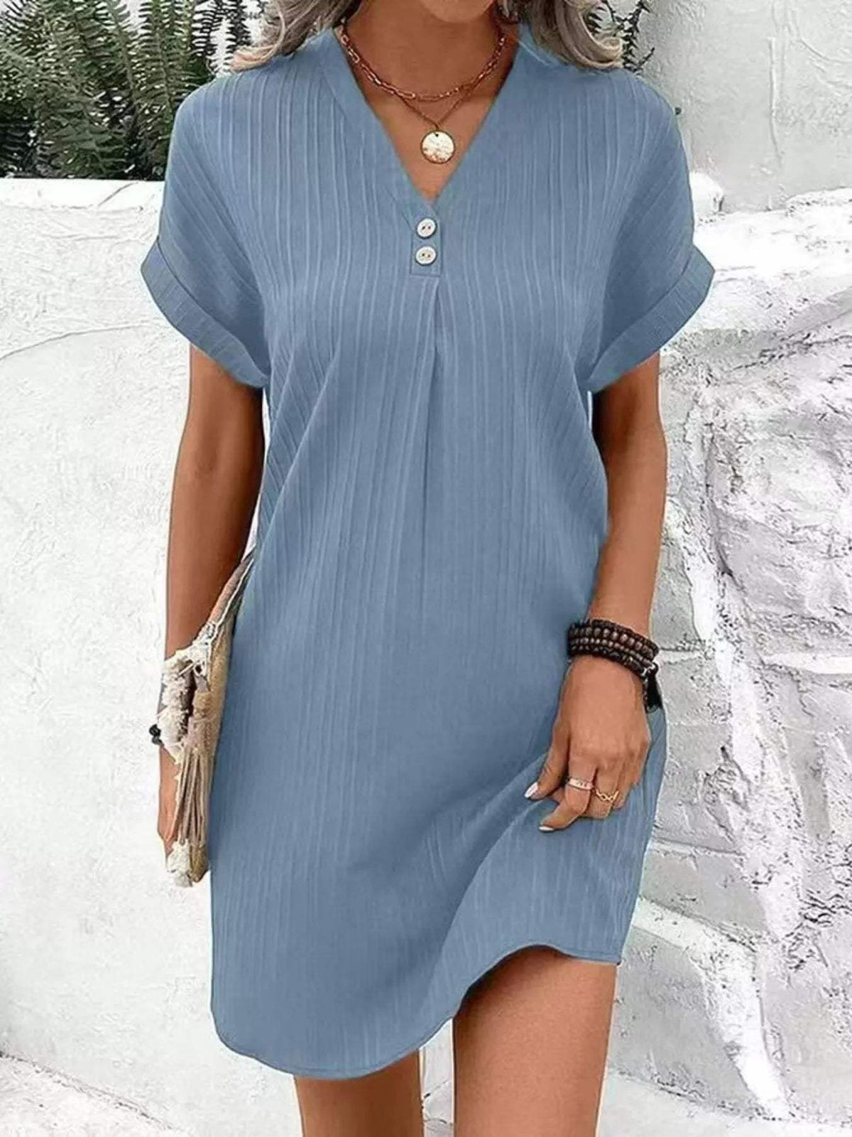 Full Size Casual V-Neck Short Sleeve Dress Plus Size - Trendsi - Flyclothing LLC