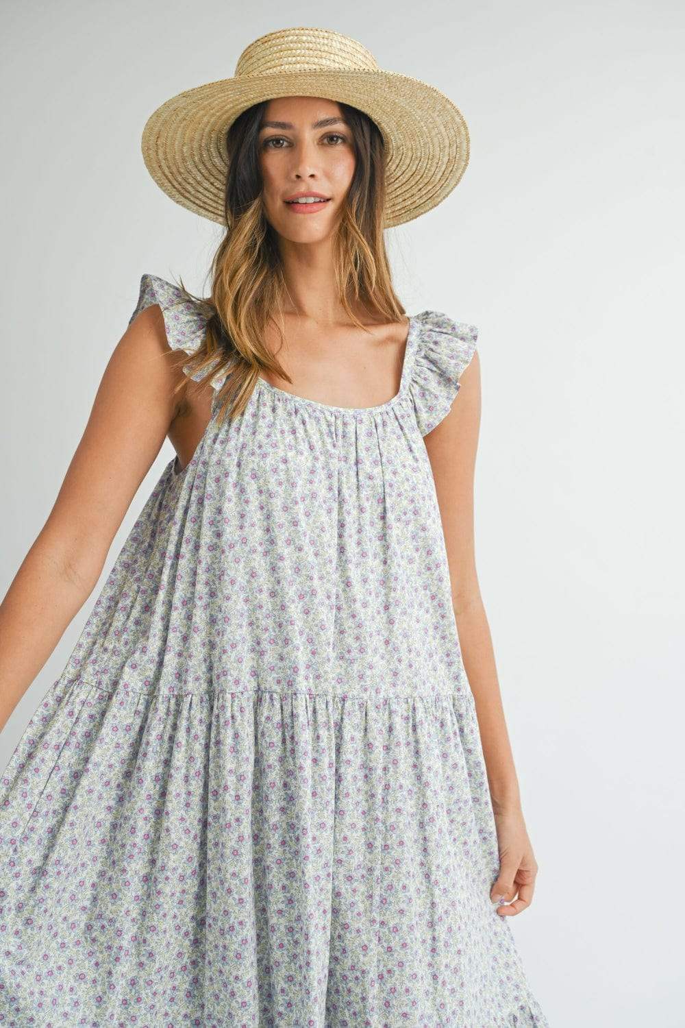 MABLE Floral Ruffle Shoulder Tiered Midi Dress - Trendsi - Flyclothing LLC