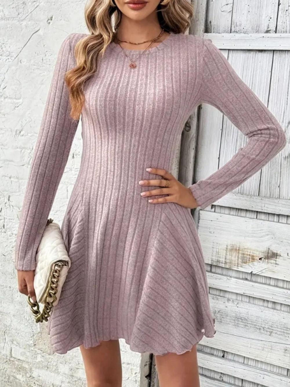 Ribbed Round Neck Long Sleeve Mini Dress - Trendsi