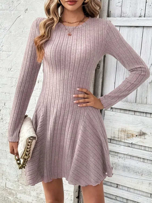 Ribbed Round Neck Long Sleeve Mini Dress - Trendsi - Flyclothing LLC