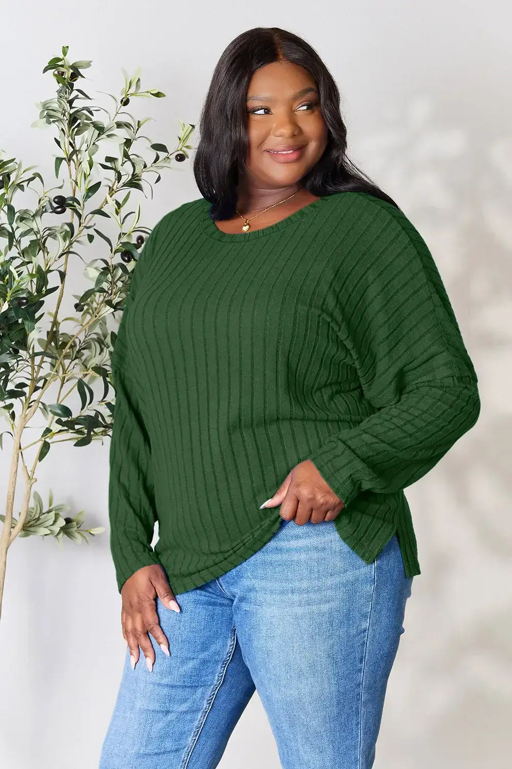 Basic Bae Full Size Ribbed Round Neck Slit Knit Top - ShopBasicbae - Flyclothing LLC