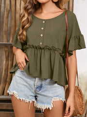 Frill Decorative Button Round Neck Half Sleeve Blouse - Trendsi