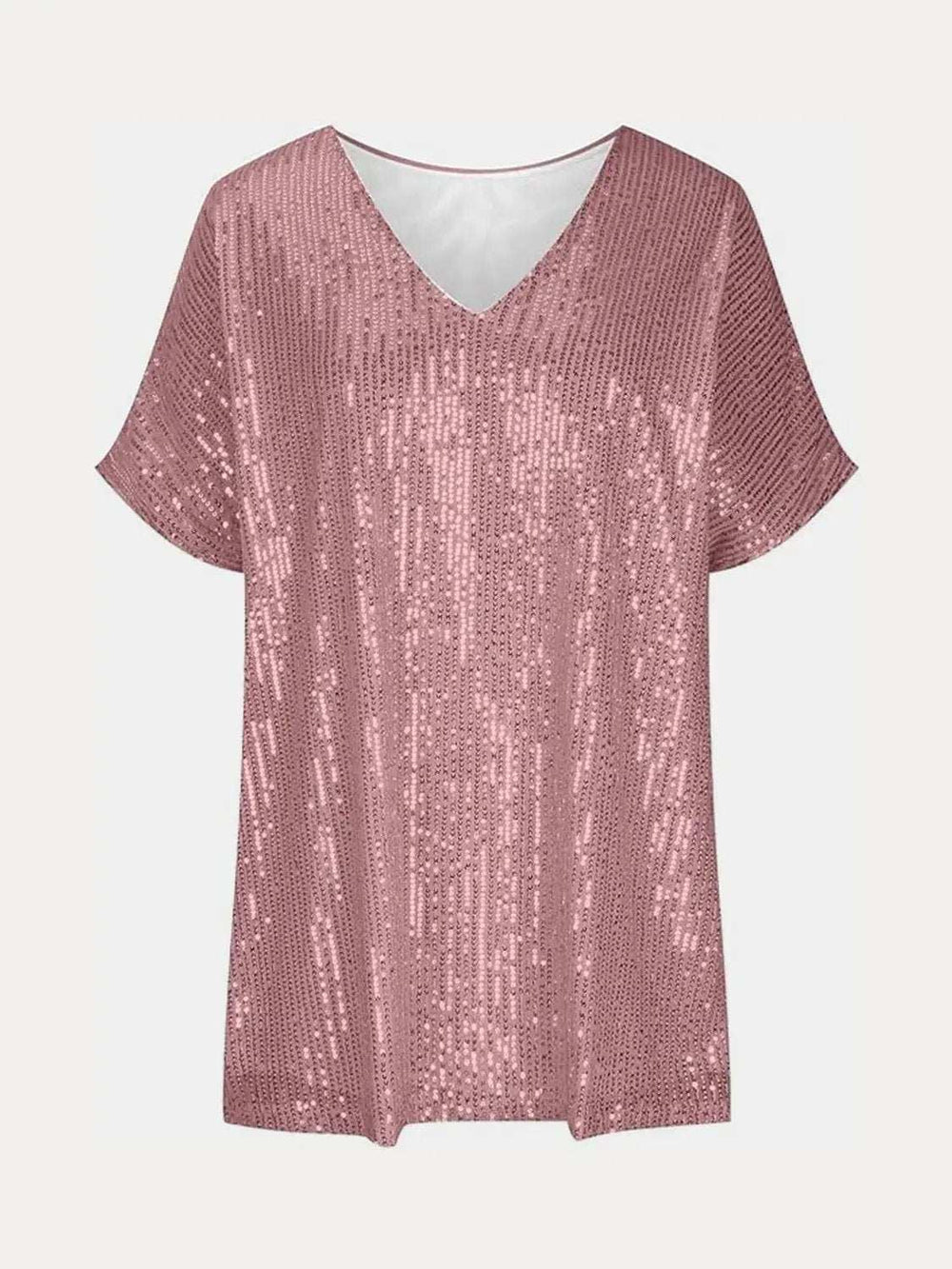 Full Size Sequin V-Neck Short Sleeve Top - Trendsi - Flyclothing LLC