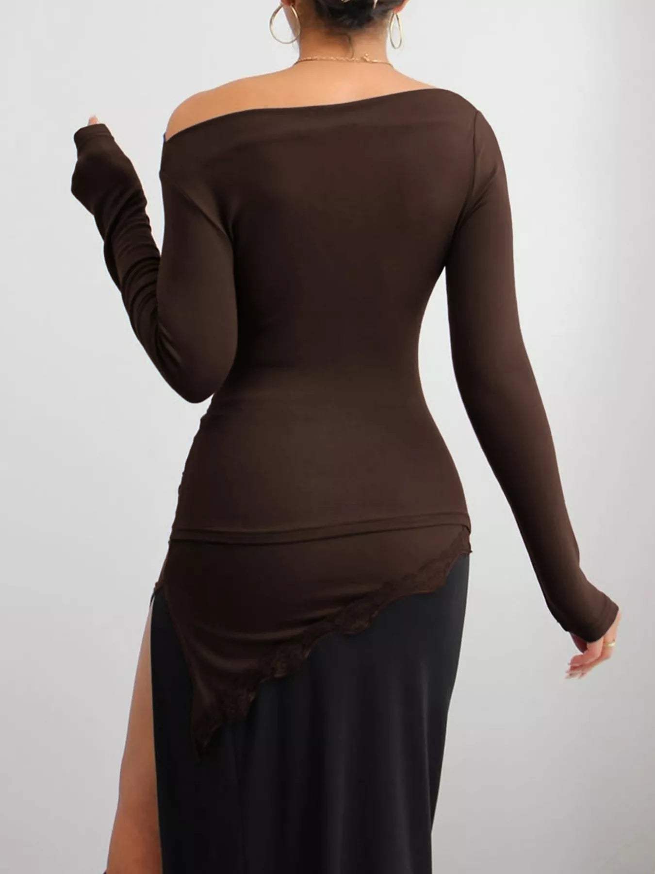 Asymmetrical One-Shoulder Ruched T-Shirt with Lace Trim - Trendsi - Flyclothing LLC