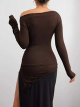 Asymmetrical One-Shoulder Ruched T-Shirt with Lace Trim - Trendsi - Flyclothing LLC