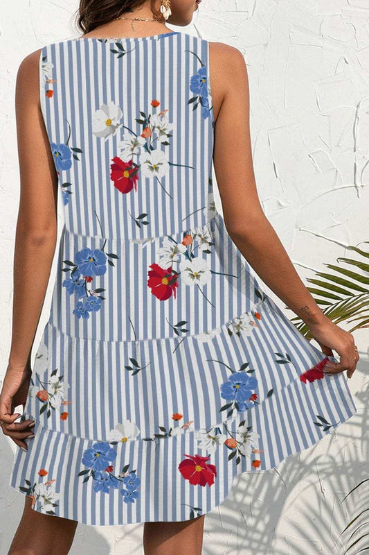Printed V-Neck Sleeveless Mini Dress - Trendsi - Flyclothing LLC