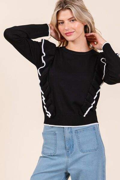 Mittoshop Contrast Trim Ruffled Round Neck Knit Top - Trendsi - Flyclothing LLC