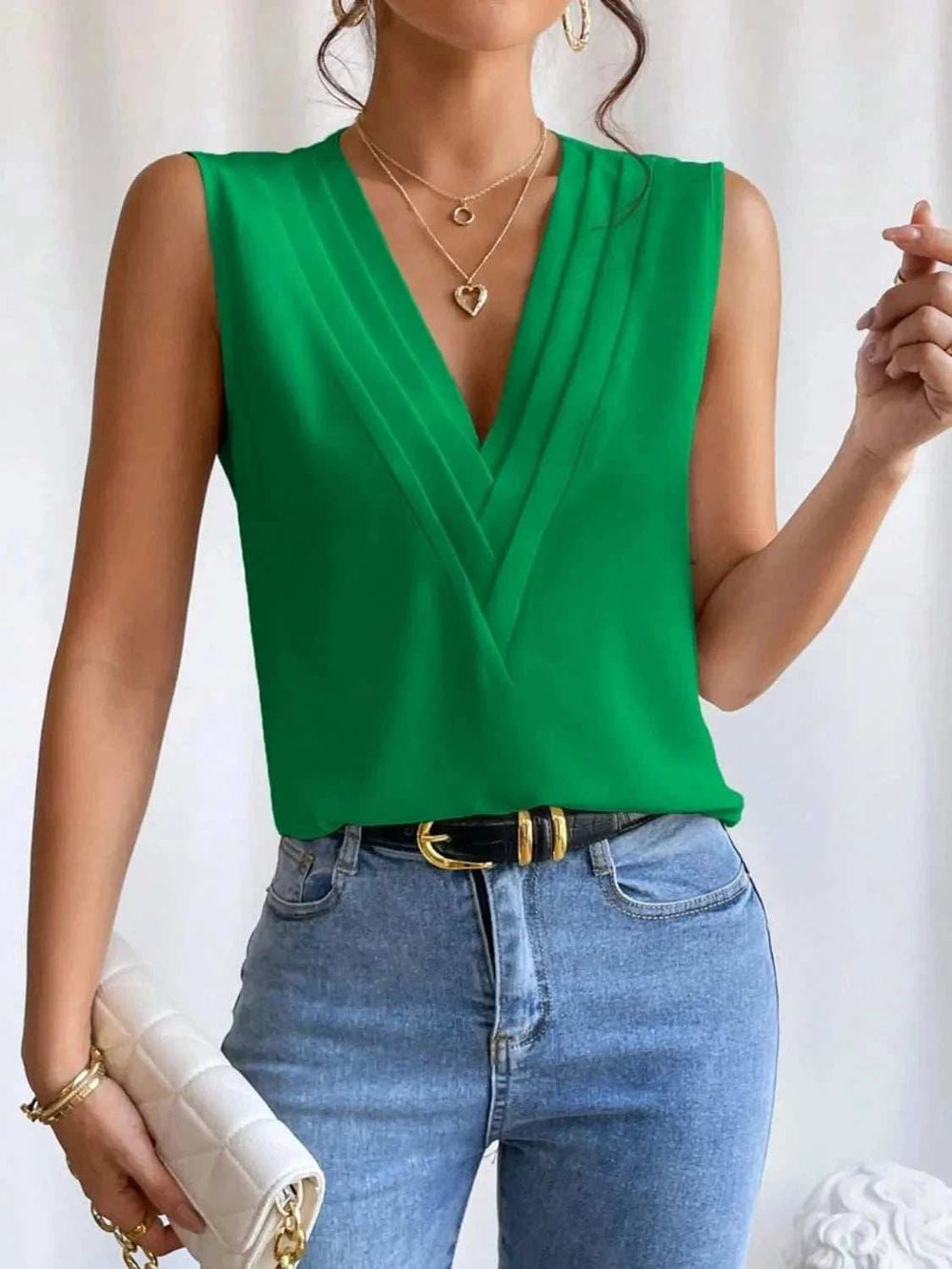 V-Neck Pleated Sleeveless Cami Tank Top - Trendsi - Flyclothing LLC