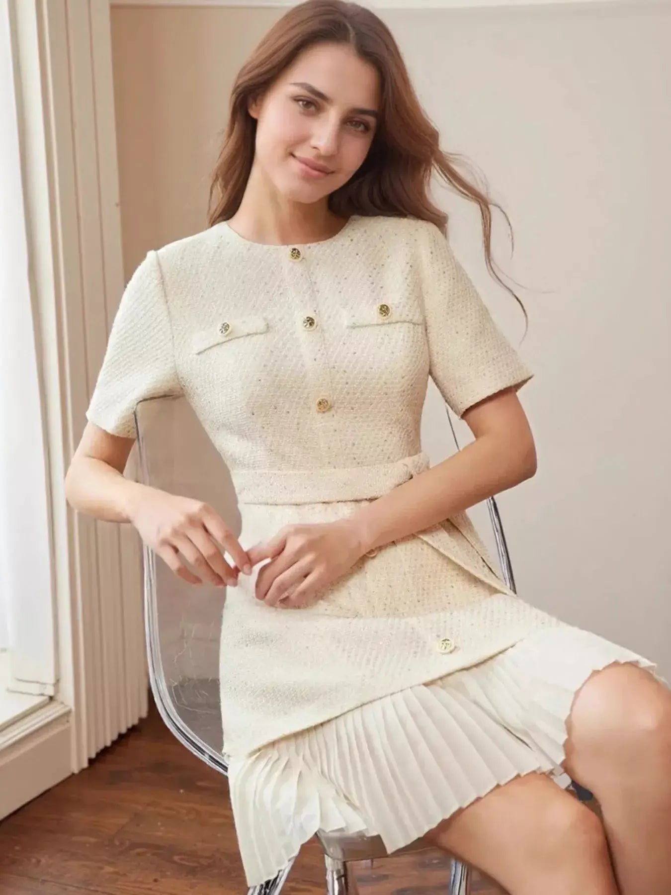 Pleated Hem Round Neck Dress - Trendsi - Flyclothing LLC