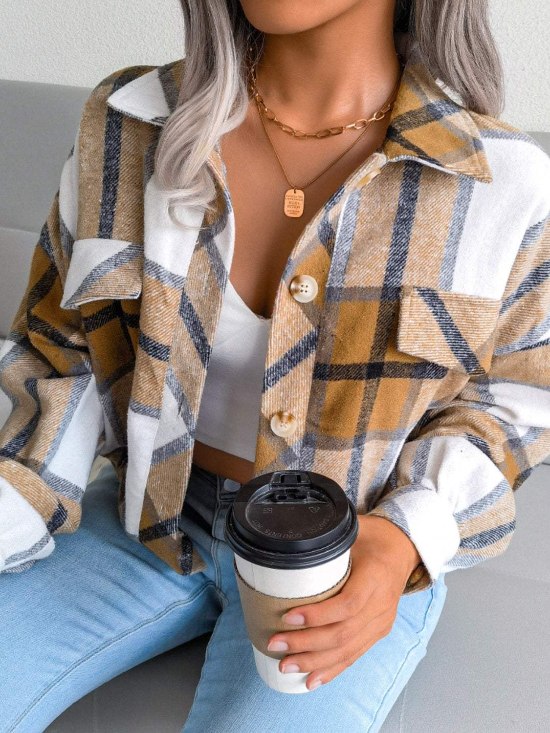 Plaid Collared Neck Long Sleeve Jacket - Trendsi - Flyclothing LLC