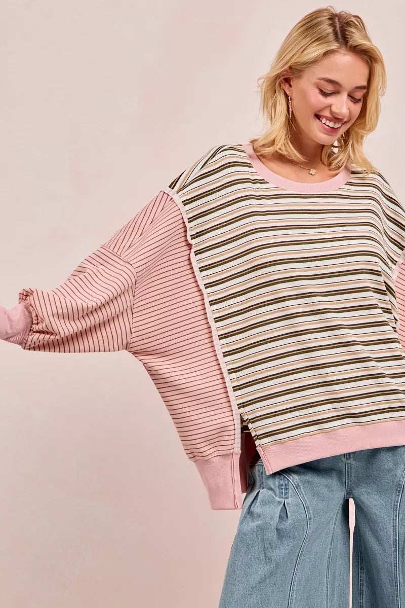 BiBi Stripe Mixed Top With Cut Edge And Reverse Outseam - Trendsi - Flyclothing LLC