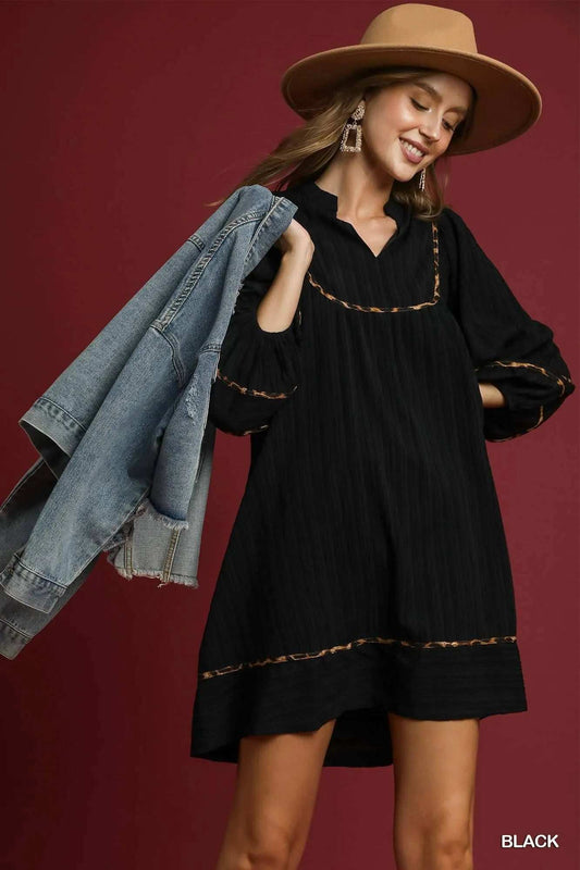 Umgee Full Size Textured Babydoll Dress with Leopard Trim Plus Size - Trendsi - Flyclothing LLC