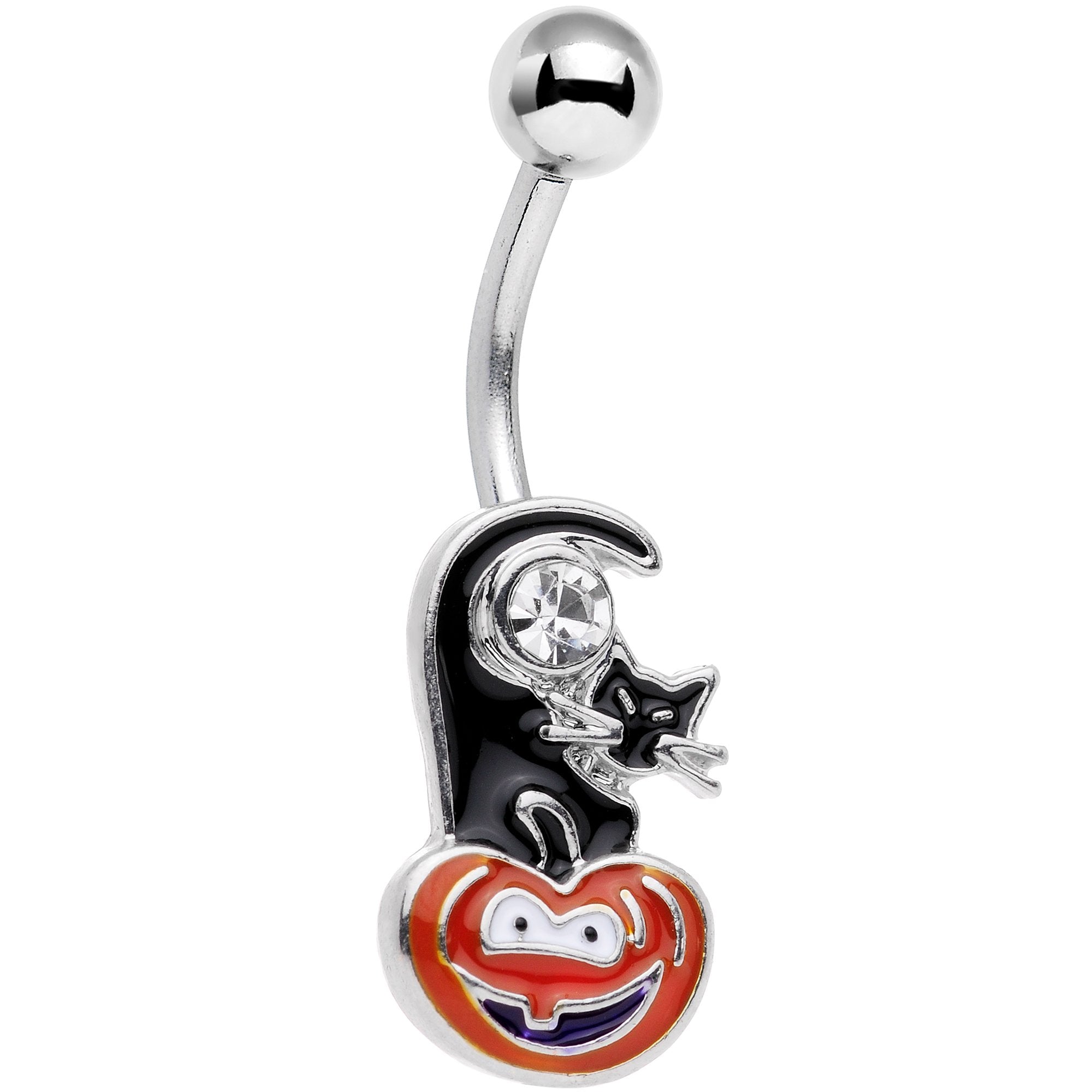 Clear Gem Halloween Black Cat Jack O Lantern Belly Ring - BodyCandy - Flyclothing LLC