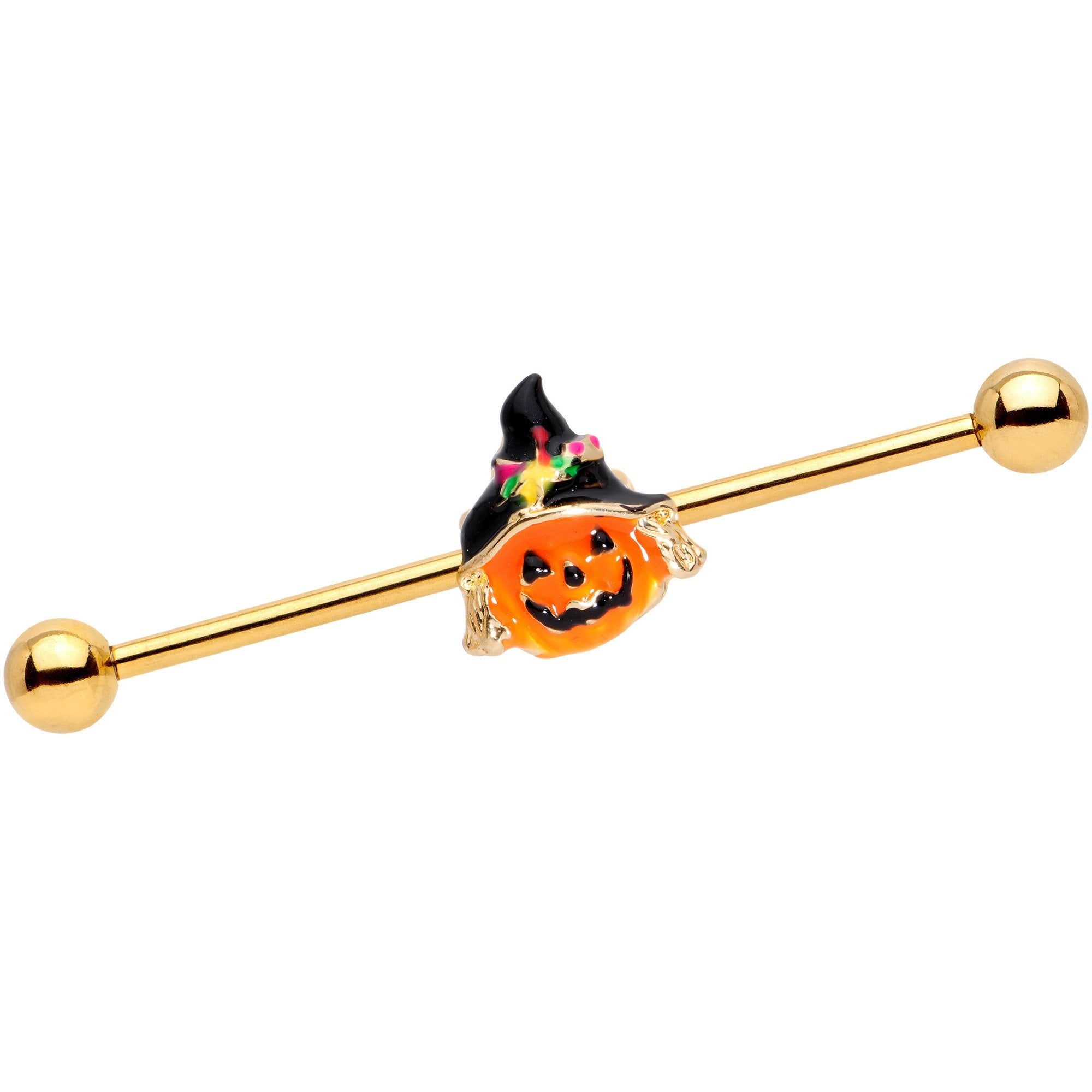 14G Gold Tone Halloween Jack O Lantern Industrial Barbell 38mm - BodyCandy - Flyclothing LLC