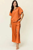 Double Take Full Size Texture Half Zip Short Sleeve Top and Pants Set - Trendsi - Flyclothing LLC
