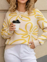 Flower Crew Neck Long Sleeve Sweater - Trendsi - Flyclothing LLC