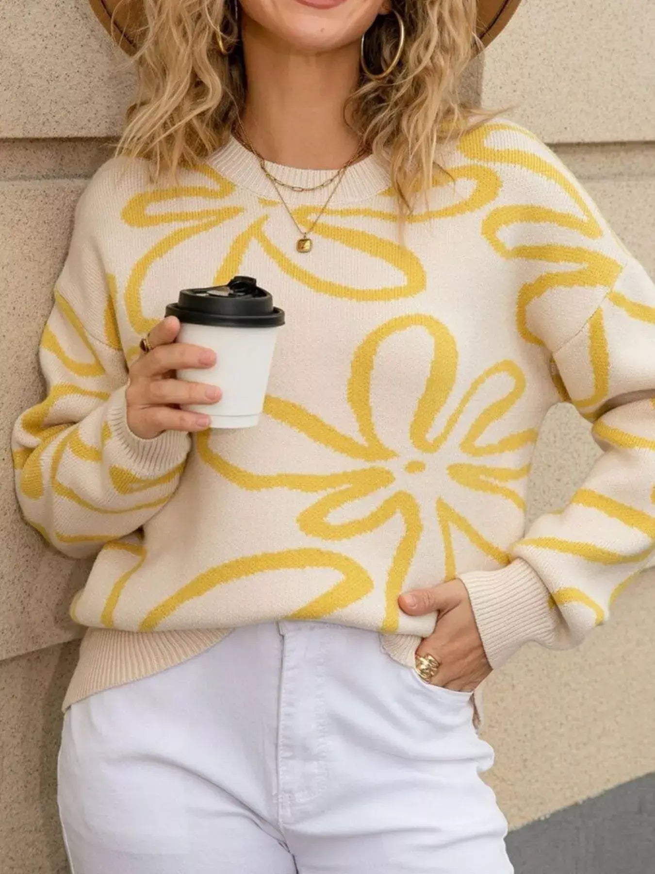Flower Crew Neck Long Sleeve Sweater - Trendsi - Flyclothing LLC