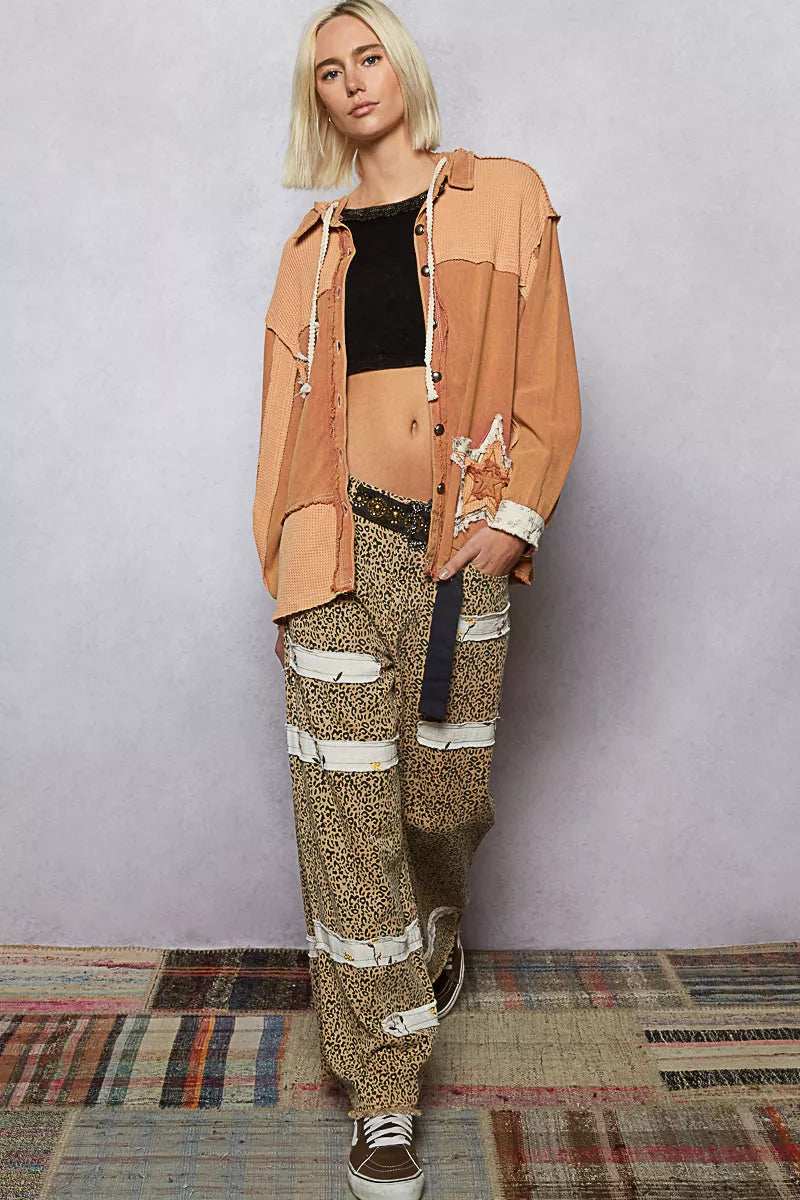 POL Button Down Hooded Jacket with with Star Patch Pattern - Trendsi - Flyclothing LLC