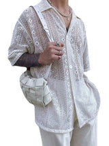 Men's Full Size Lace Half Sleeve Button Down Shirt Plus Size - Trendsi - Flyclothing LLC
