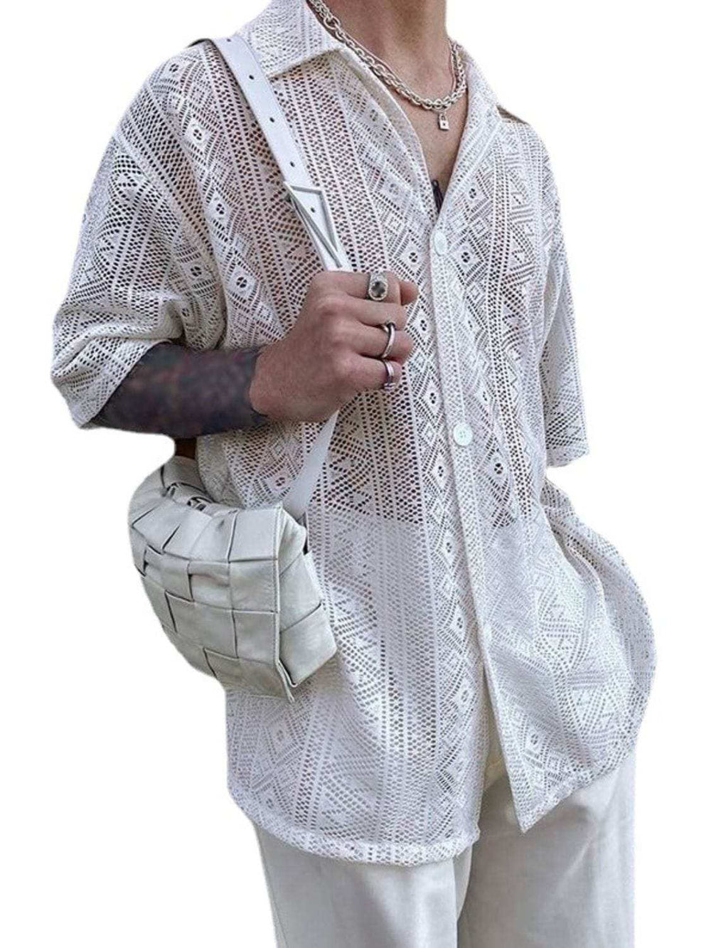 Men's Full Size Lace Half Sleeve Button Down Shirt Plus Size - Trendsi - Flyclothing LLC