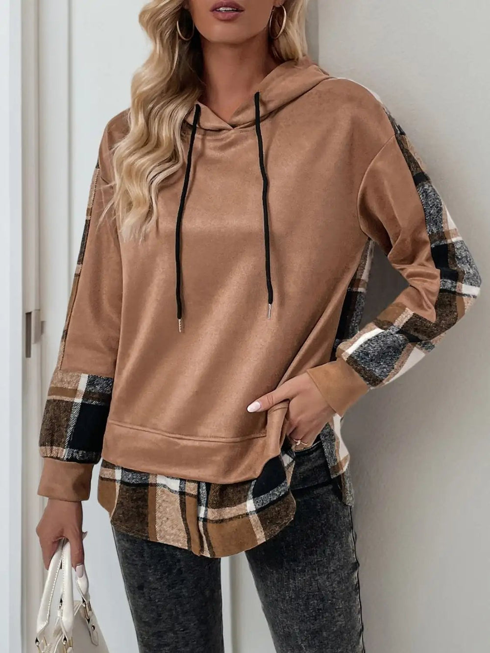 Perfee Drawstring Slit Plaid Long Sleeve Hoodie - Trendsi