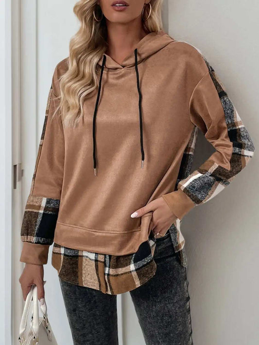 Perfee Drawstring Slit Plaid Long Sleeve Hoodie - Trendsi - Flyclothing LLC