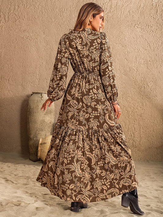 Ruched Printed Notched Long Sleeve Maxi Dress - Trendsi
