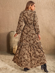 Ruched Printed Notched Long Sleeve Maxi Dress - Trendsi
